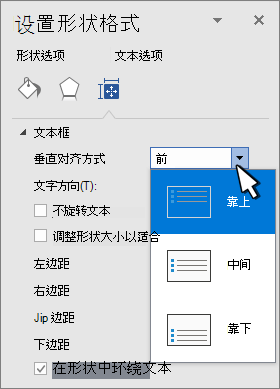 “设置形状”面板的格式，其中选择了“垂直对齐”