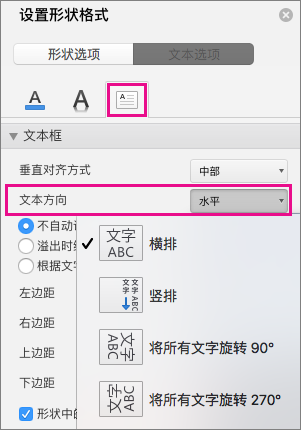 在“设置形状格式”窗格中突出显示了文字方向。
