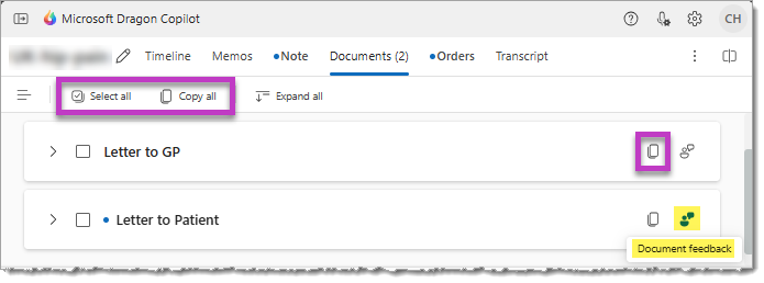 Image highlighting the copy options for documents and the Document feedback icon in Dragon Copilot.