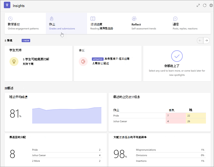 显示用于向下钻取更多详细信息的见解、指标和按钮的类概述页的屏幕截图。