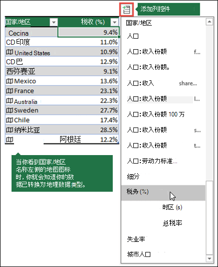 通过从“添加列”按钮中选择属性，将列添加到地理数据类型。