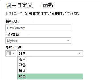 “调用自定义函数”对话框