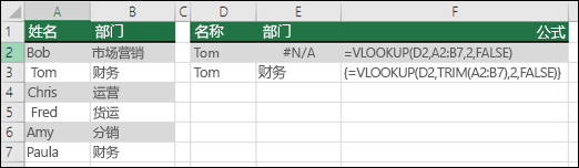 在数组公式中使用 VLOOKUP 和 TRIM 可删除前导/尾随空格。单元格 E3 中的公式为 {=VLOOKUP (D2，TRIM (A2：B7) ,2，FALSE) }，需要使用 CTRL+SHIFT+ENTER 输入。