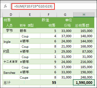 使用 =SUM 计算总计的单单元格数组公式 (F10：F19*G10：G19) 