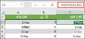 使用 EDATE 可添加或减去日期中的月份。在这种情况下，=EDATE (A2，B2) 其中 A2 是日期，B2 具有要加减的月数。