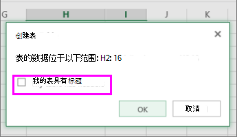 用于将数据区域转换为表的对话框