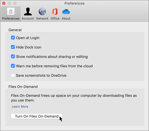 Mac for OneDrive Files按需首选项的屏幕截图