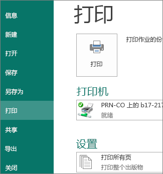 Publisher 中“打印”选项的屏幕截图。