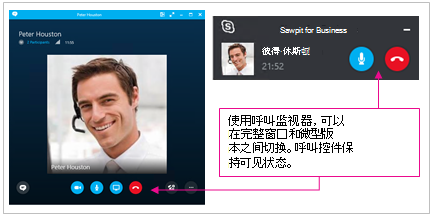 完整 Skype for Business 窗口和最小化窗口的屏幕截图