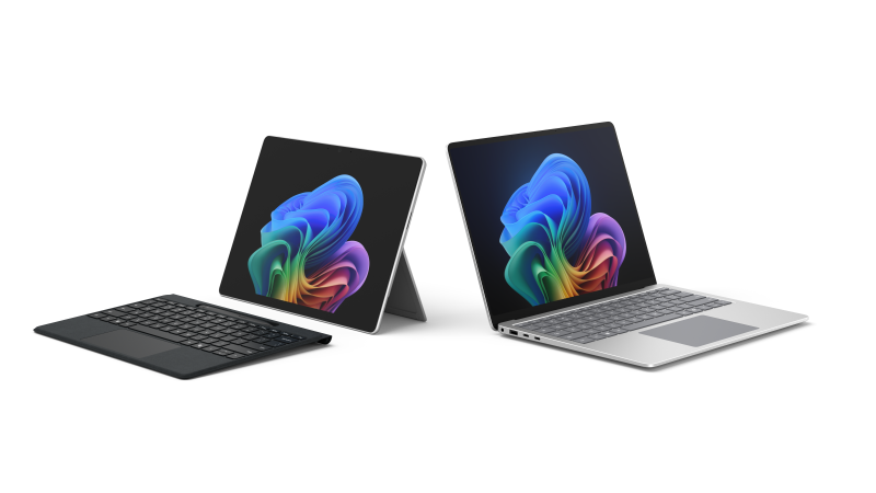 Surface Pro 朝左和 Surface Laptop 朝右的倾斜视图。