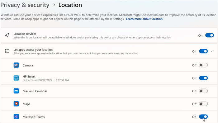 Windows 11中“位置设置”窗口的屏幕截图