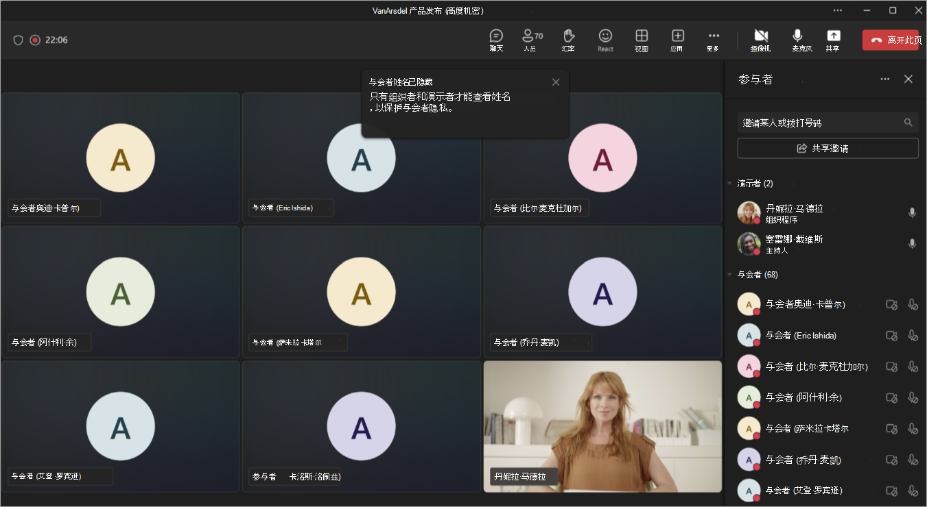 显示 Teams 会议或网络研讨会中隐藏名称时组织者视图的屏幕截图。