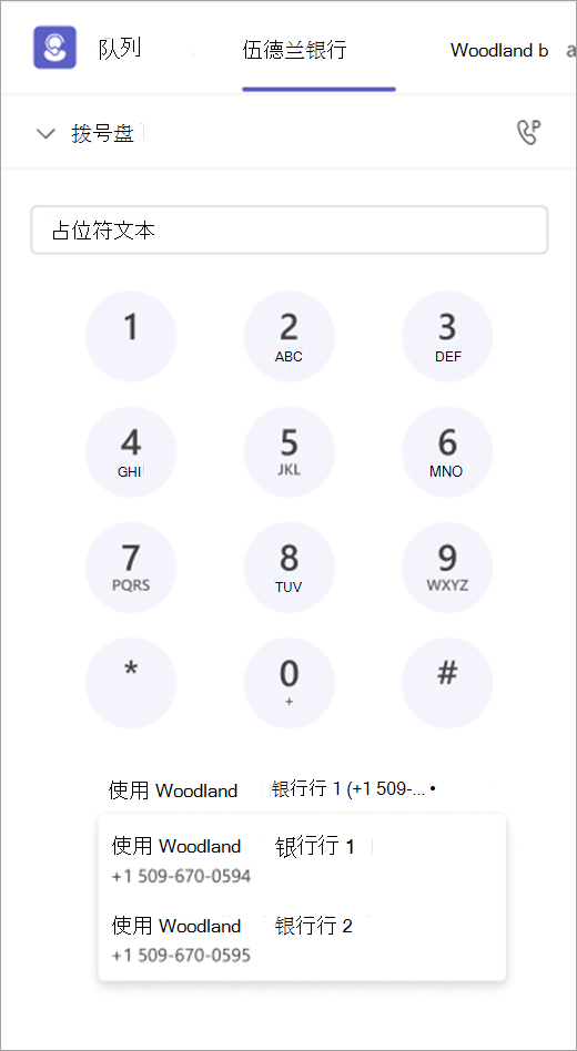 显示带有出站呼叫选项的拨号盘的屏幕截图
