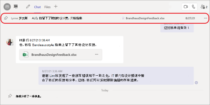 显示聊天顶部的固定聊天消息的屏幕截图
