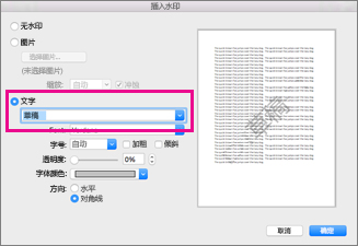 在“插入水印”框中，单击“文字”