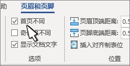 选择了首页不同的页眉功能区选项