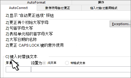 “自动更正”选项卡上的“键入时替换”复选框