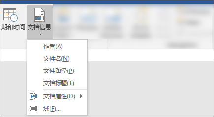 显示Word功能区上的“文档信息”和“日期 & 时间”按钮的屏幕截图