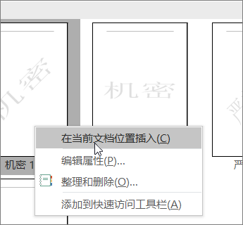 右键单击显示“插入当前文档位置”命令的水印缩略图。