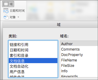 显示按文档信息类别筛选的域代码的屏幕截图
