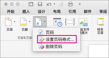 若要设置页码格式，请单击“页眉 & 页脚”选项卡上的“页码”，然后单击“设置页码格式”。