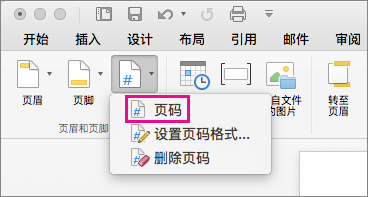 在“页眉 & 页脚”选项卡上，单击“页码”菜单上的“页码”以添加页码。