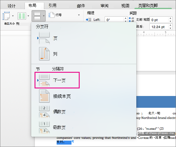 单击“下一页”以插入一个分节符，以便分隔符后面的文本在下一页上开始。