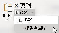 若要複製一系列儲存格、圖表或物件，請前往「首頁 > 複製 > 複製為圖片」。