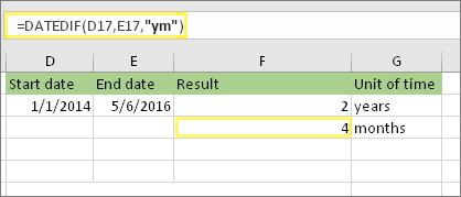 =DATEDIF (D17，E17，ym) ，結果：4