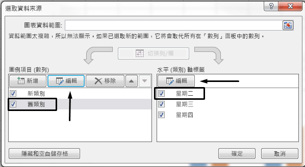 您可在 [選取資料來源] 對話方塊中編輯圖例名稱。