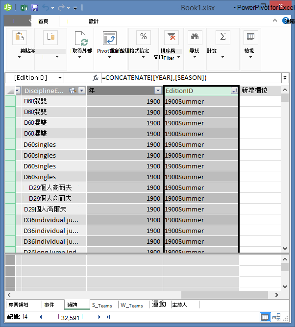 以 DAX 建立含計算欄位的 [獎牌] 資料表