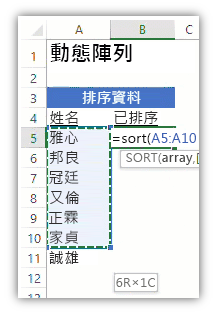 顯示資料清單和使用 SORT 函數的公式來排序清單的 Excel 工作表的螢幕擷取畫面。