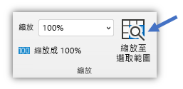 位在功能區 [檢視] 索引標籤上的 [縮放至選取範圍] 按鈕的螢幕擷取畫面。