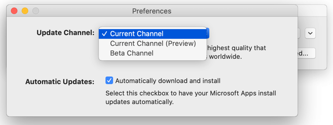 Mac Microsoft AutoUpdate 圖片 -> 偏好設定視窗，顯示更新頻道選擇。