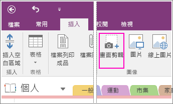 OneNote 2016 中 [插入畫面剪輯] 按鈕的螢幕擷取畫面