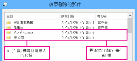 依 [主旨] 或 [寄件者] 欄排序以尋找連絡人