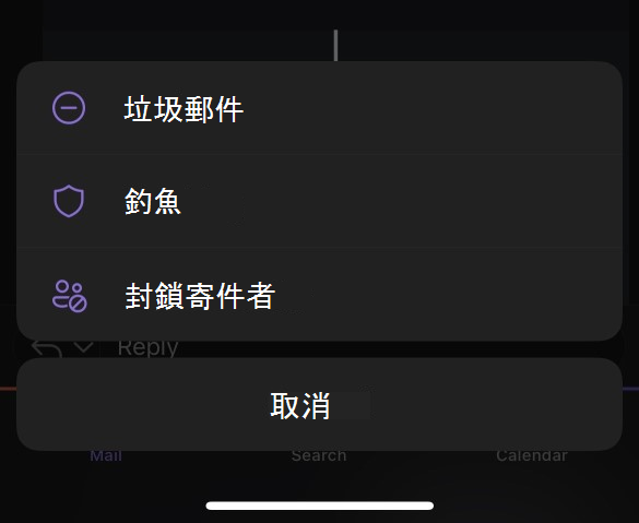 Outlook Mobile 的垃圾郵件子選單