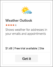 可以免費試用或付費使用之天氣 Outlook 增益集的螢幕擷取畫面。