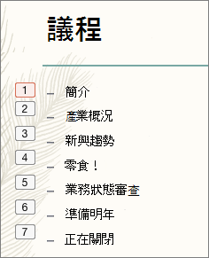 清單中各項目符號的動畫順序顯示在左側小方塊中