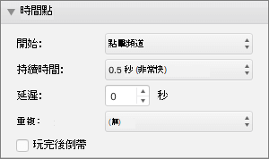 螢幕擷取畫面顯示 [動畫] 窗格的 [時間] 區段，上面有 [開始]、[持續時間]、[延遲] 和 [重複] 選項，以及 [播放完畢後倒帶] 的核取方塊。