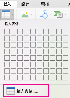 [插入表格] 功能表選項