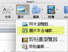 在功能區的主頁籤，插入下點選「從檔案中的圖片 > 」。