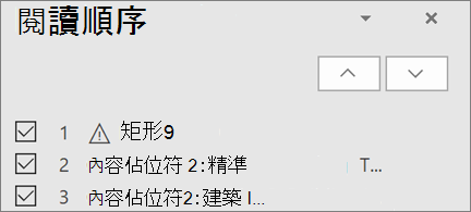 投影片上按閱讀順序排列的項目列表，帶有向上鍵和向下鍵按鈕以重新排列它們