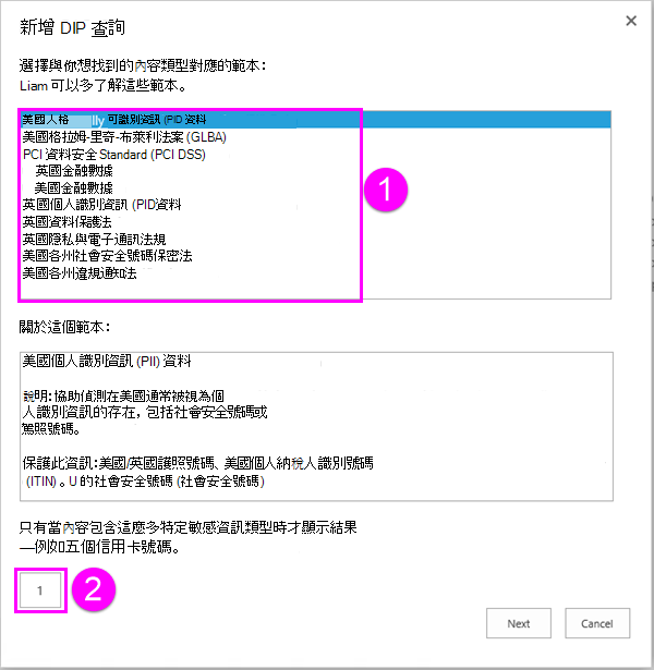 帶有最小計數選項的 DLP 政策範本