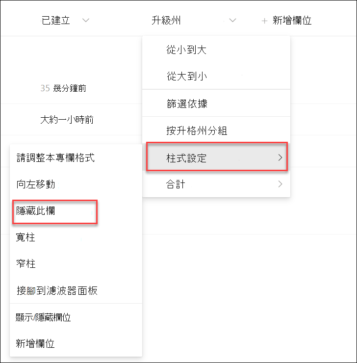 隱藏欄位的截圖