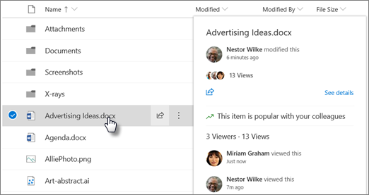 當您指向 OneDrive 或 SharePoint 中的檔案時出現的檔案懸停卡的螢幕擷取畫面