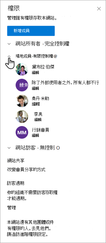 權限對話框，讓你管理成員及其權限等級。