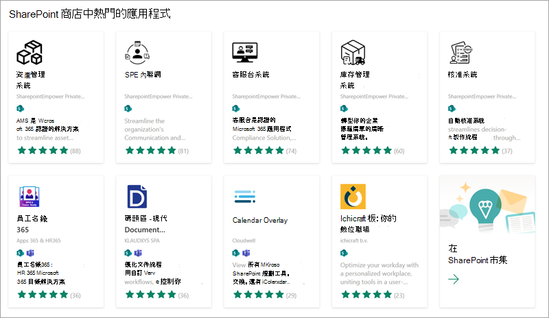 截圖顯示一些熱門應用程式，可以從 SharePoint 商店新增到你的網站。