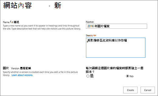 輸入名稱、描述，以及可選的版本控制