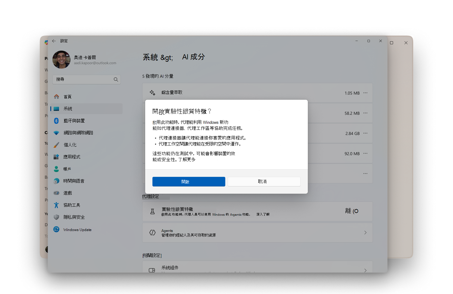 選擇實驗代理功能設定時會顯示的對話框